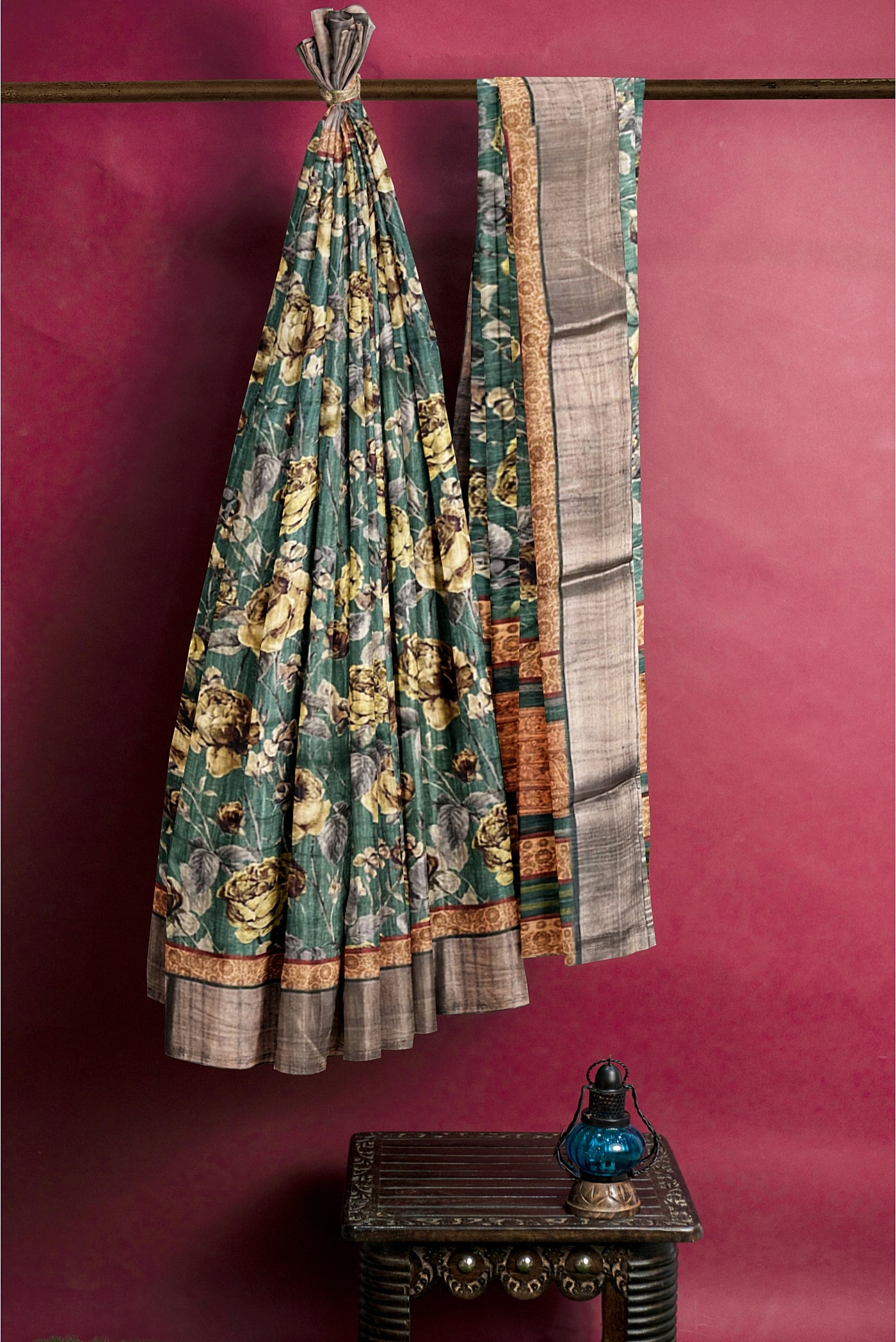 Green Office Wear Saree With Floral Pattern