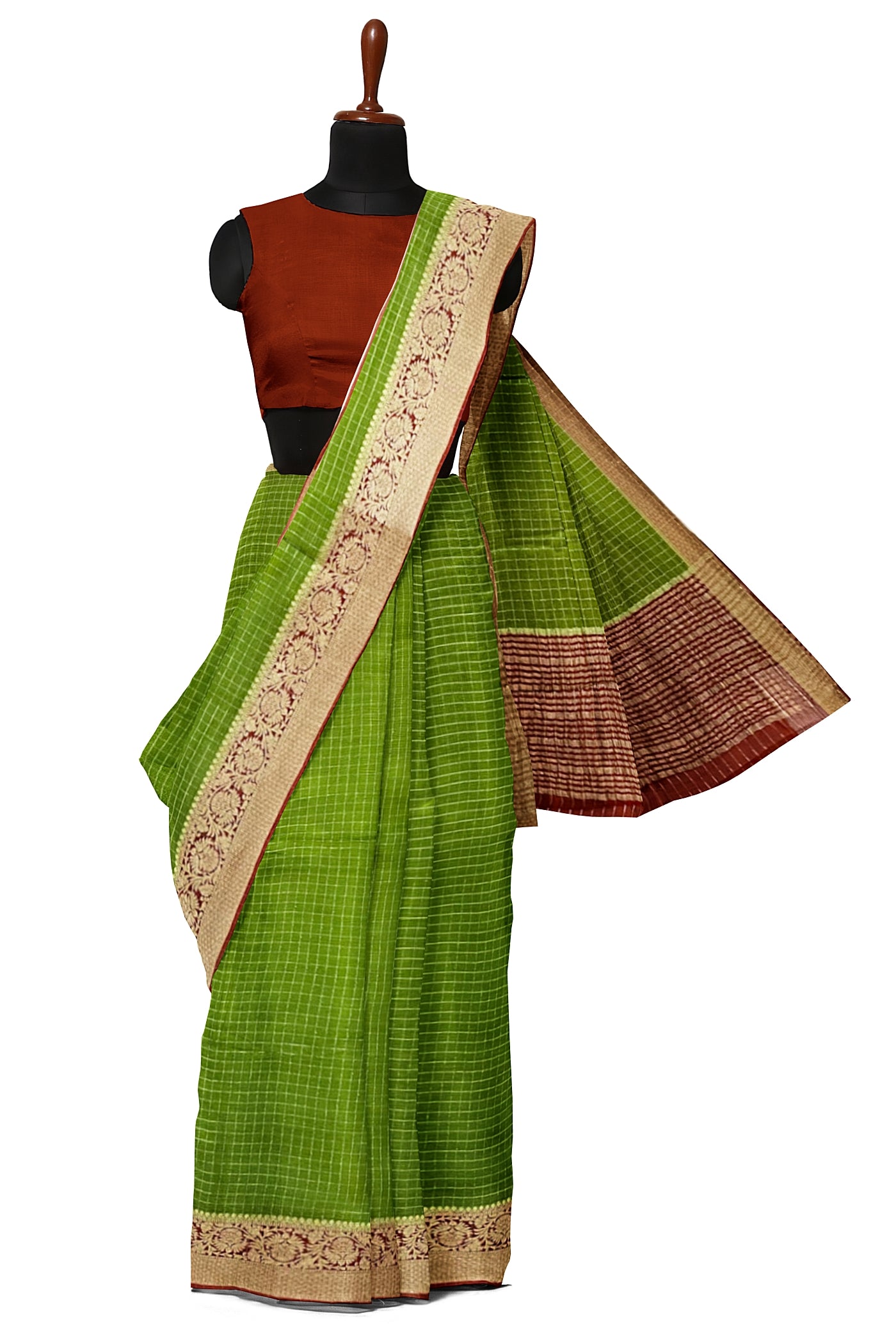 Mehendi Green Georgette Banarasi Saree With Zari Checked Pattern