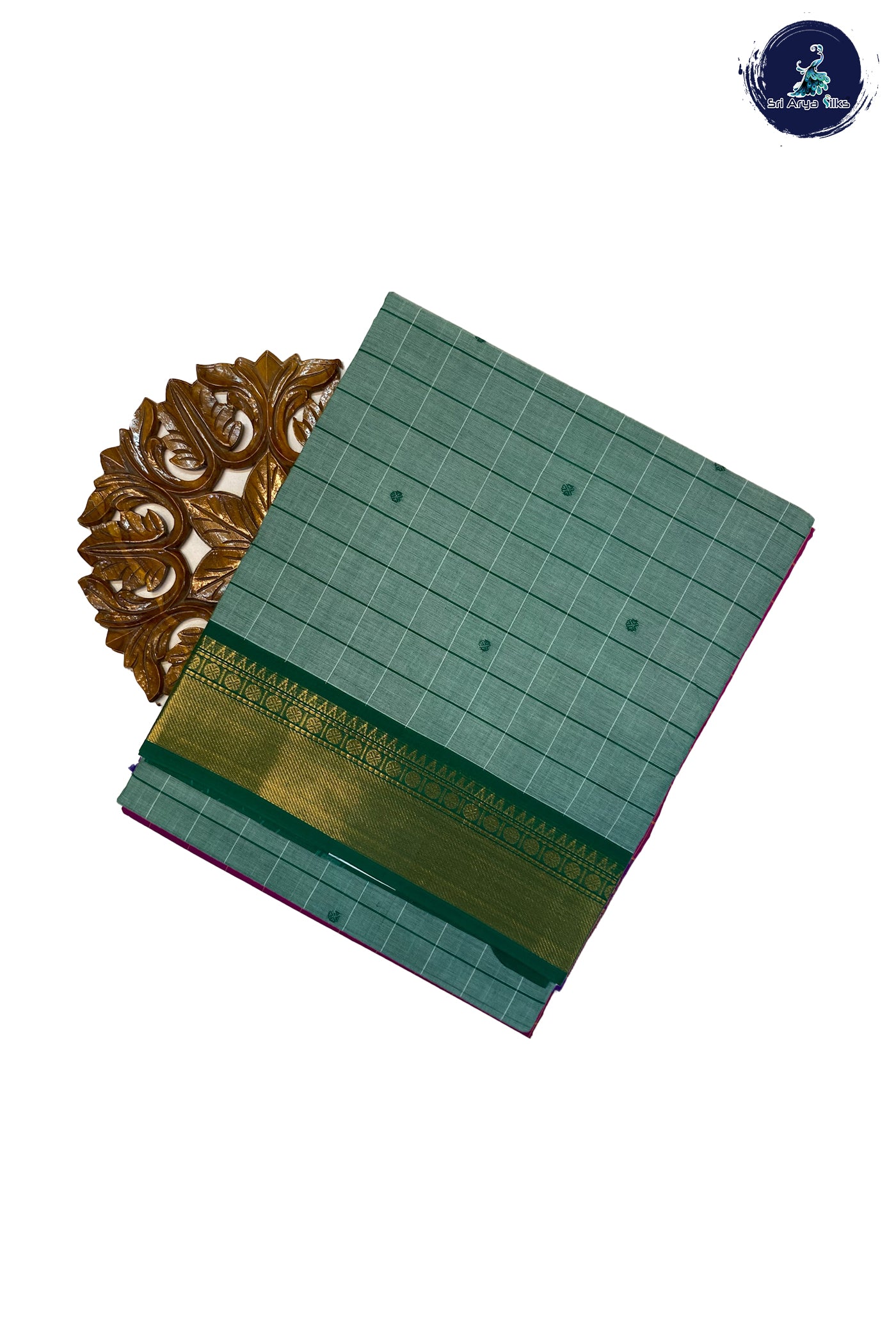 Green Cotton Saree With Checked Pattern