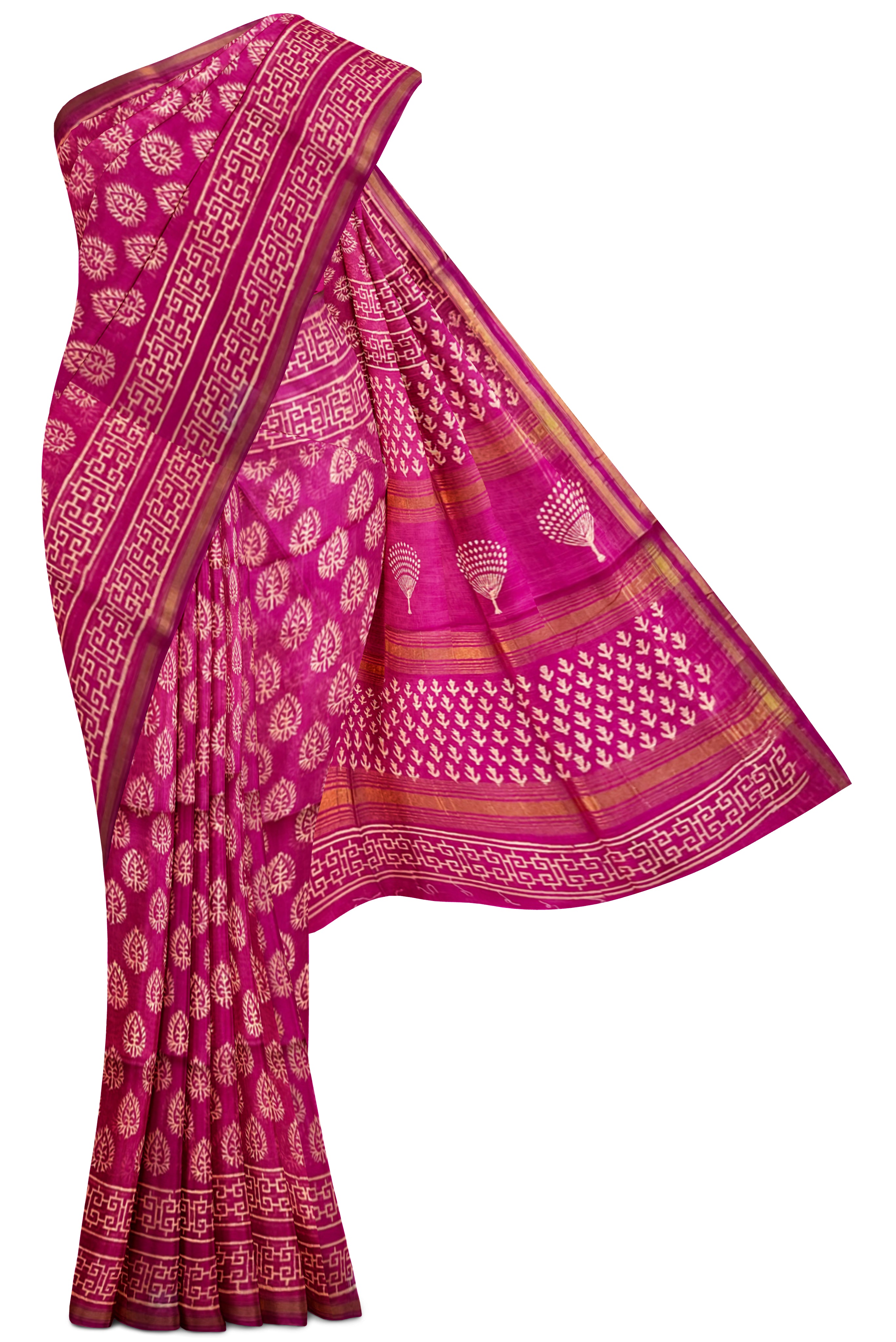 Pink Chanderi Silk Cotton Saree With Ajrakh Print Pattern