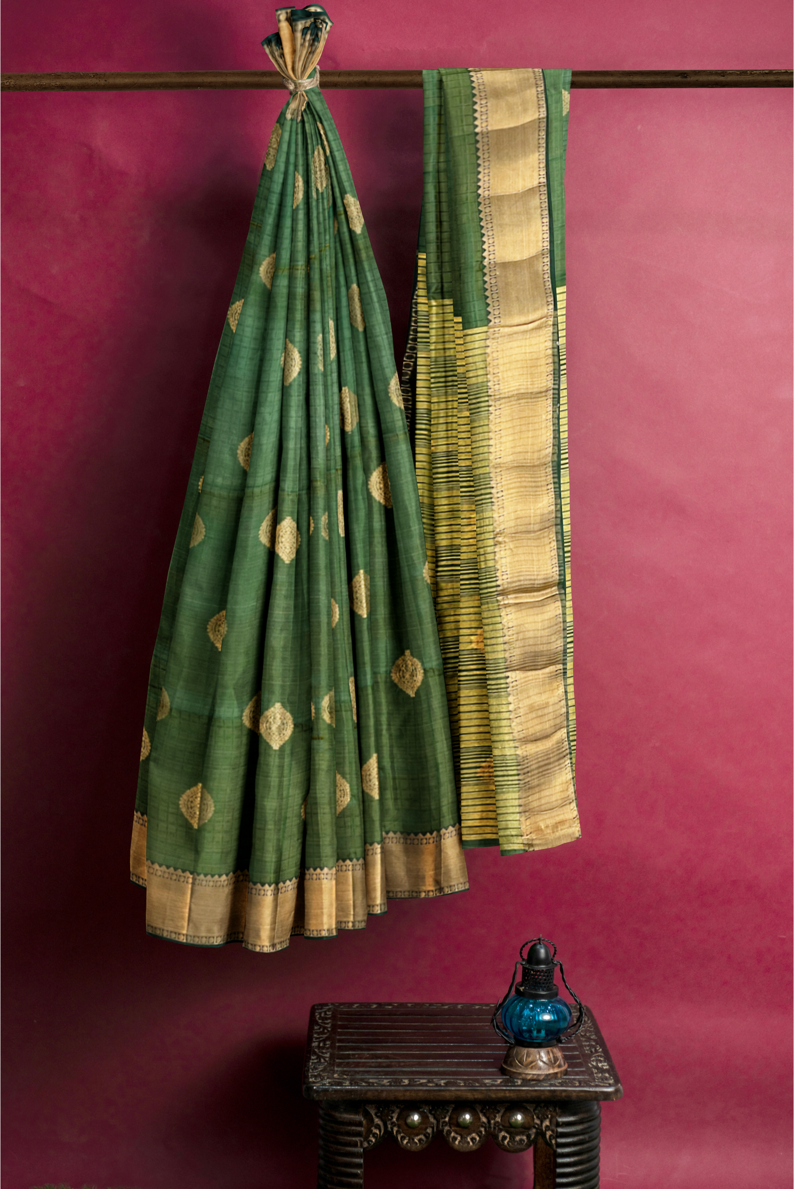 Dark Green Tussar Saree With Embossed Pattern