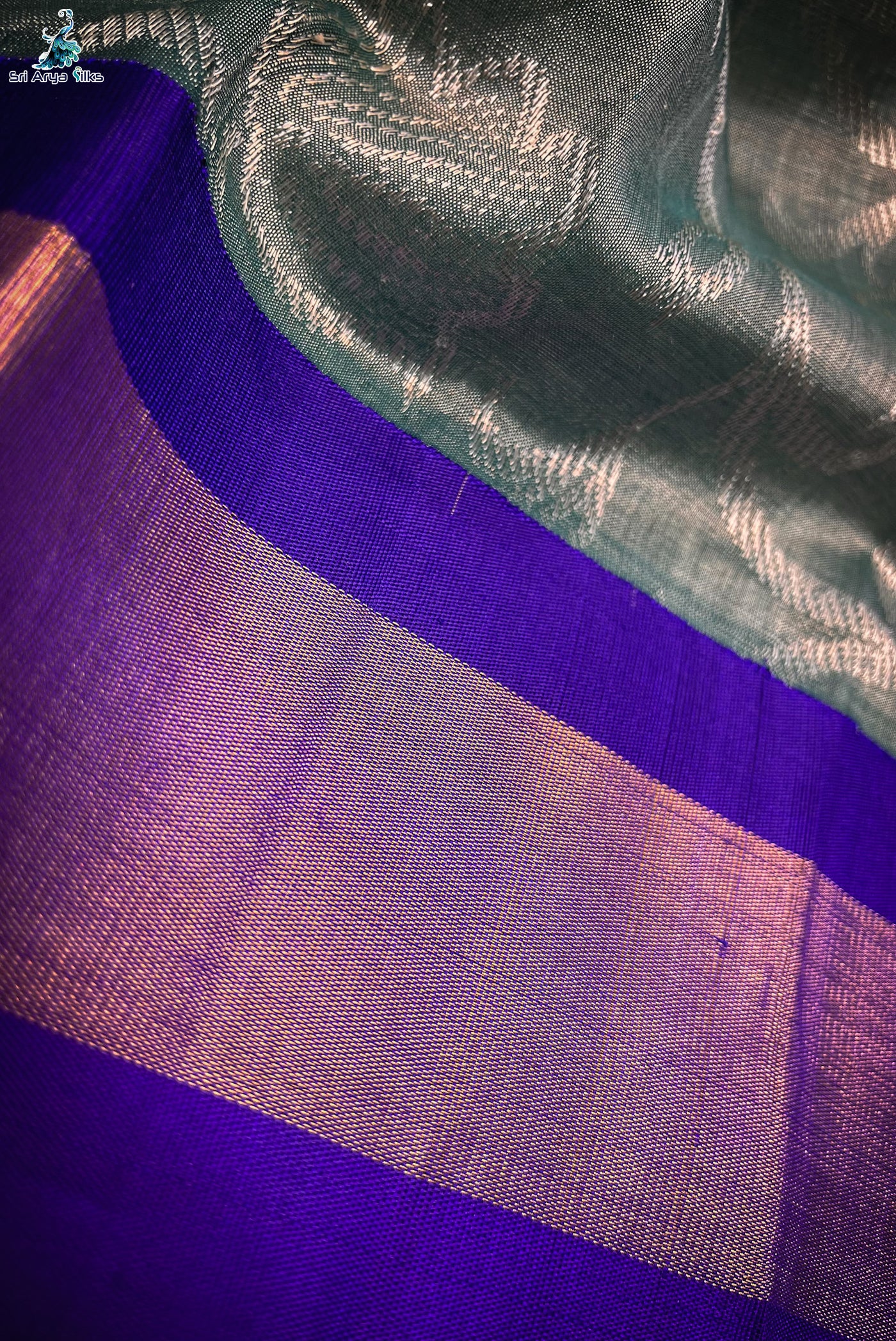 Greenish Grey & Violet Embosed Kanchipuram Silk Cotton Saree.