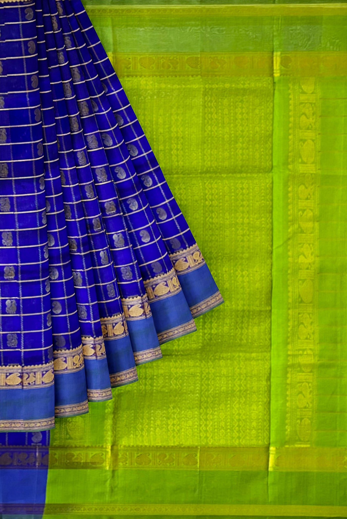 Dark Blue Checked Saree With Zari Buttas Pattern