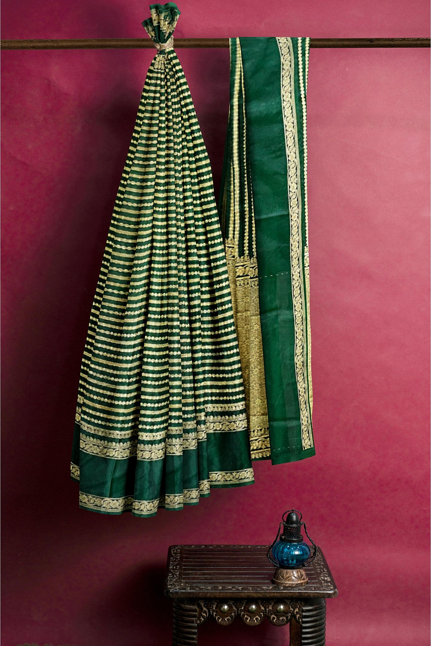 Bottle Green Georgette Banarasi Saree With Zari Checked Pattern