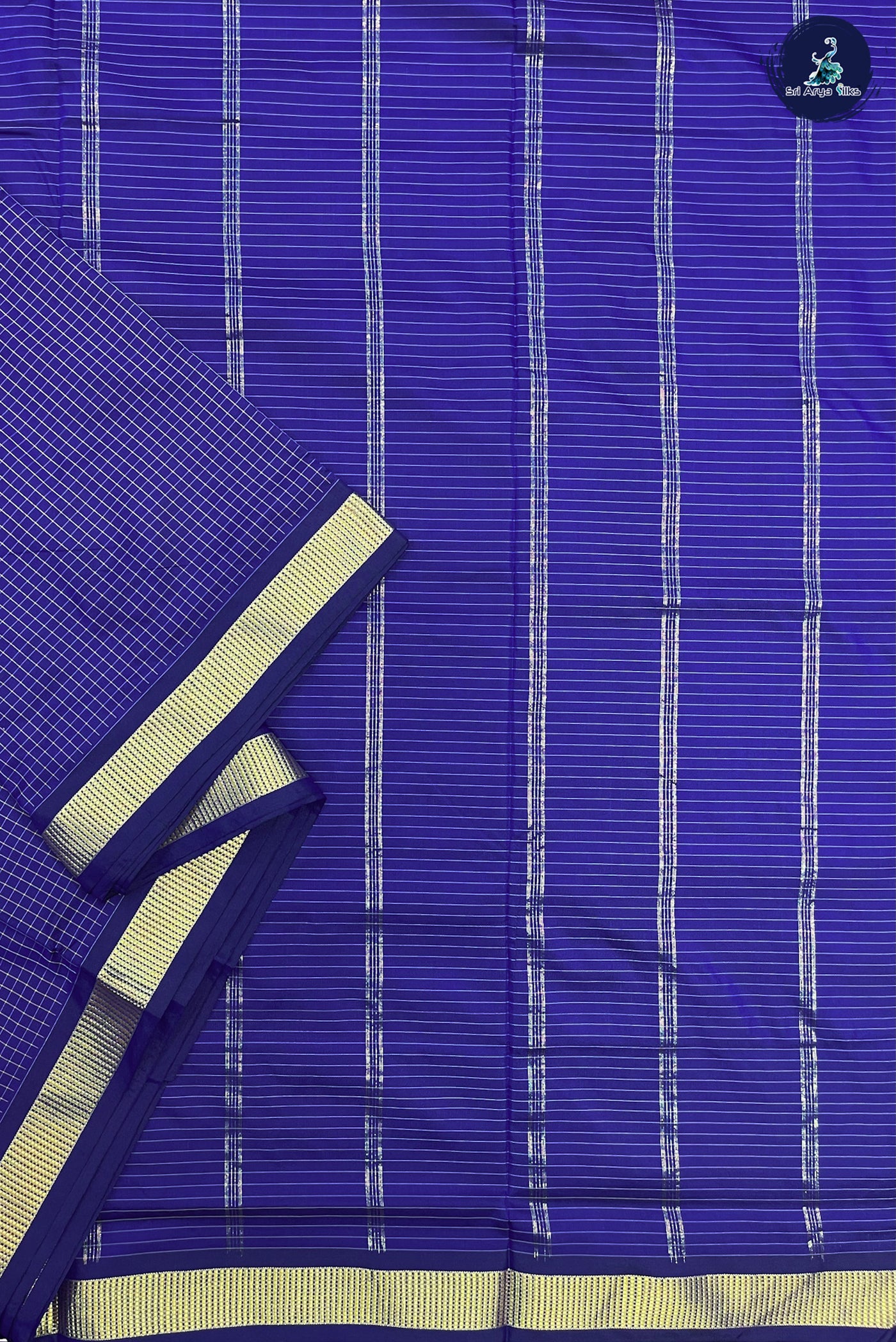 Navy Blue Madisar Semi Silk Saree With Checked Pattern