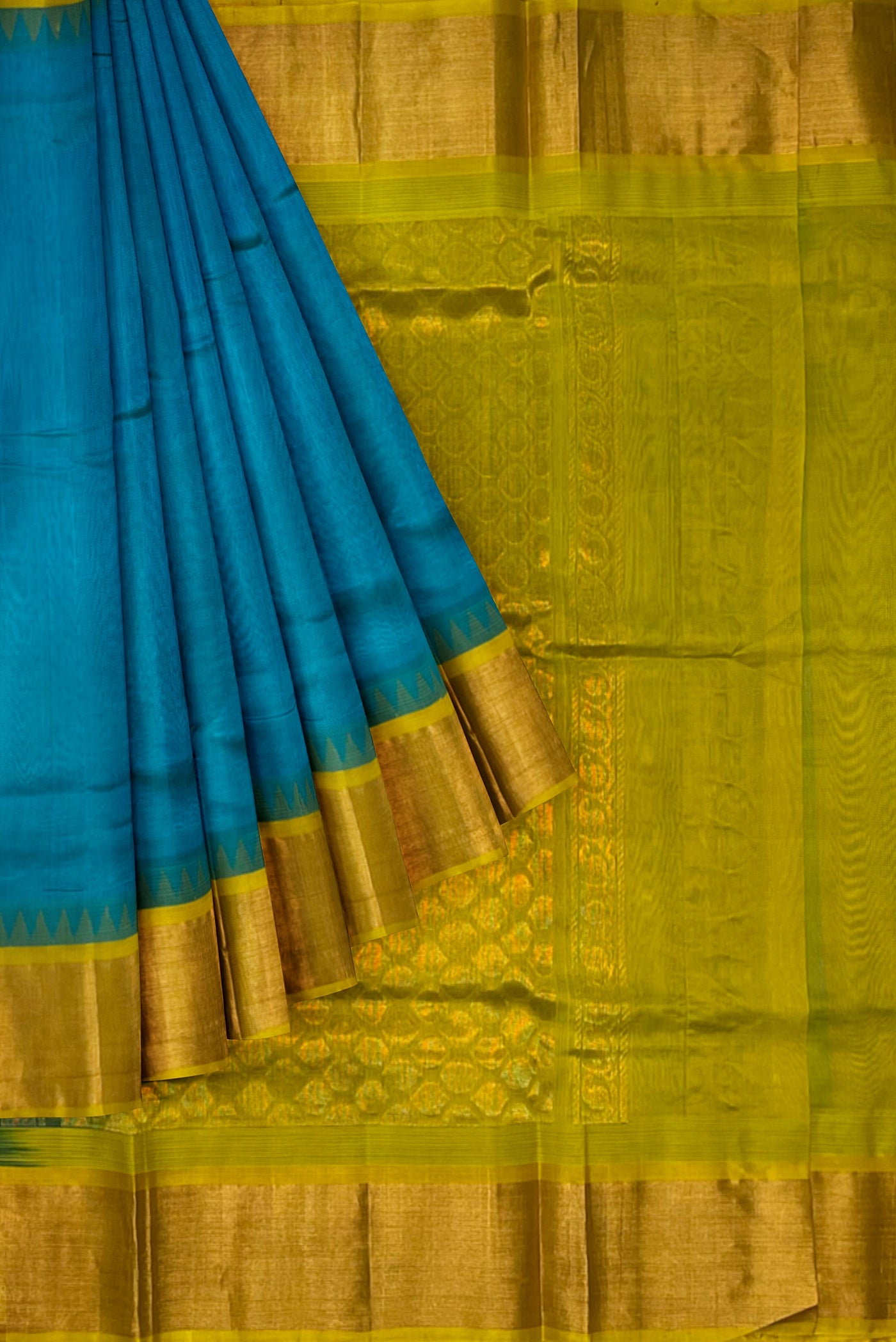 Turquoise Korvai Silk Cotton Saree With Plain Pattern