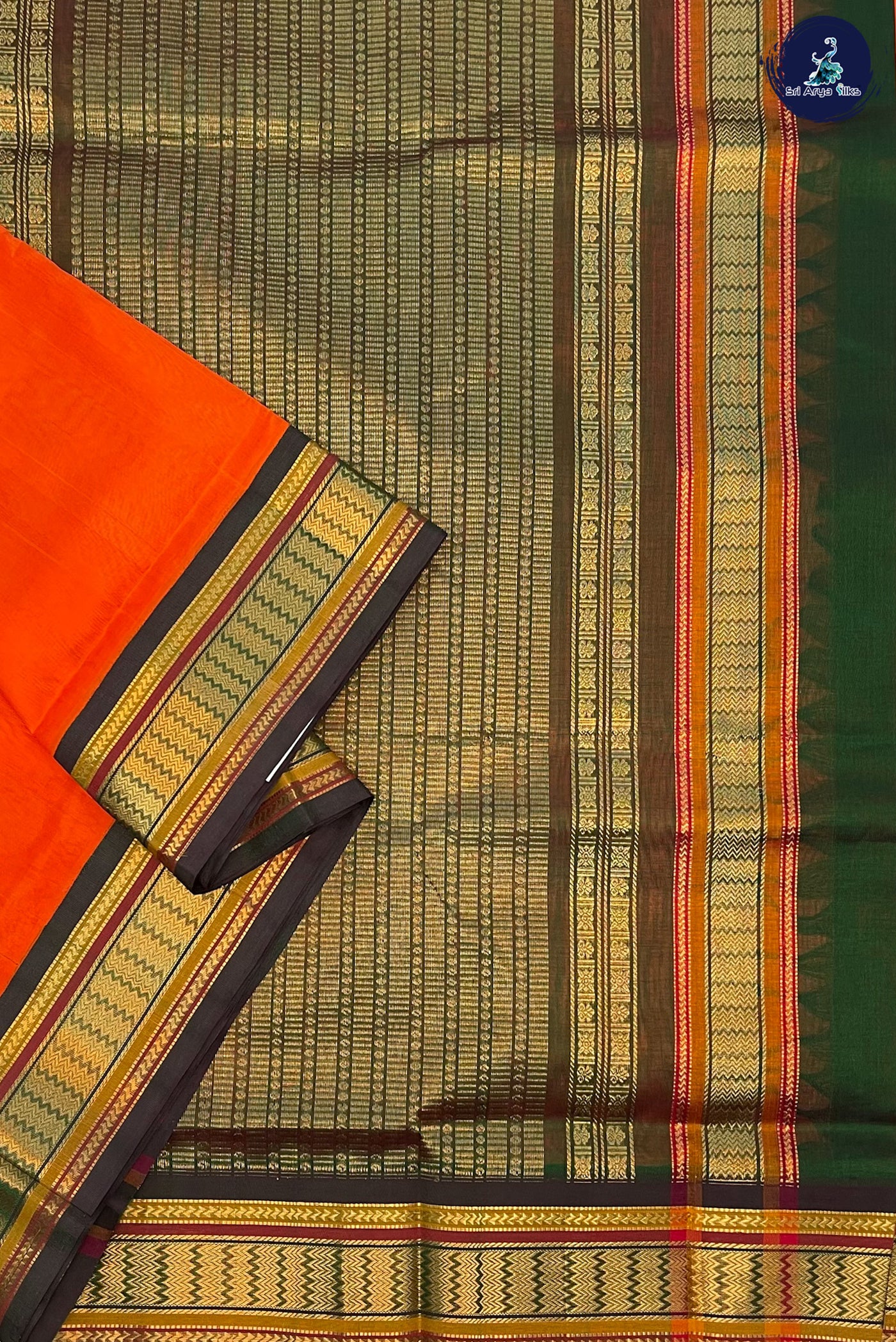 Orange Korvai Silk Cotton Saree With Plain Pattern