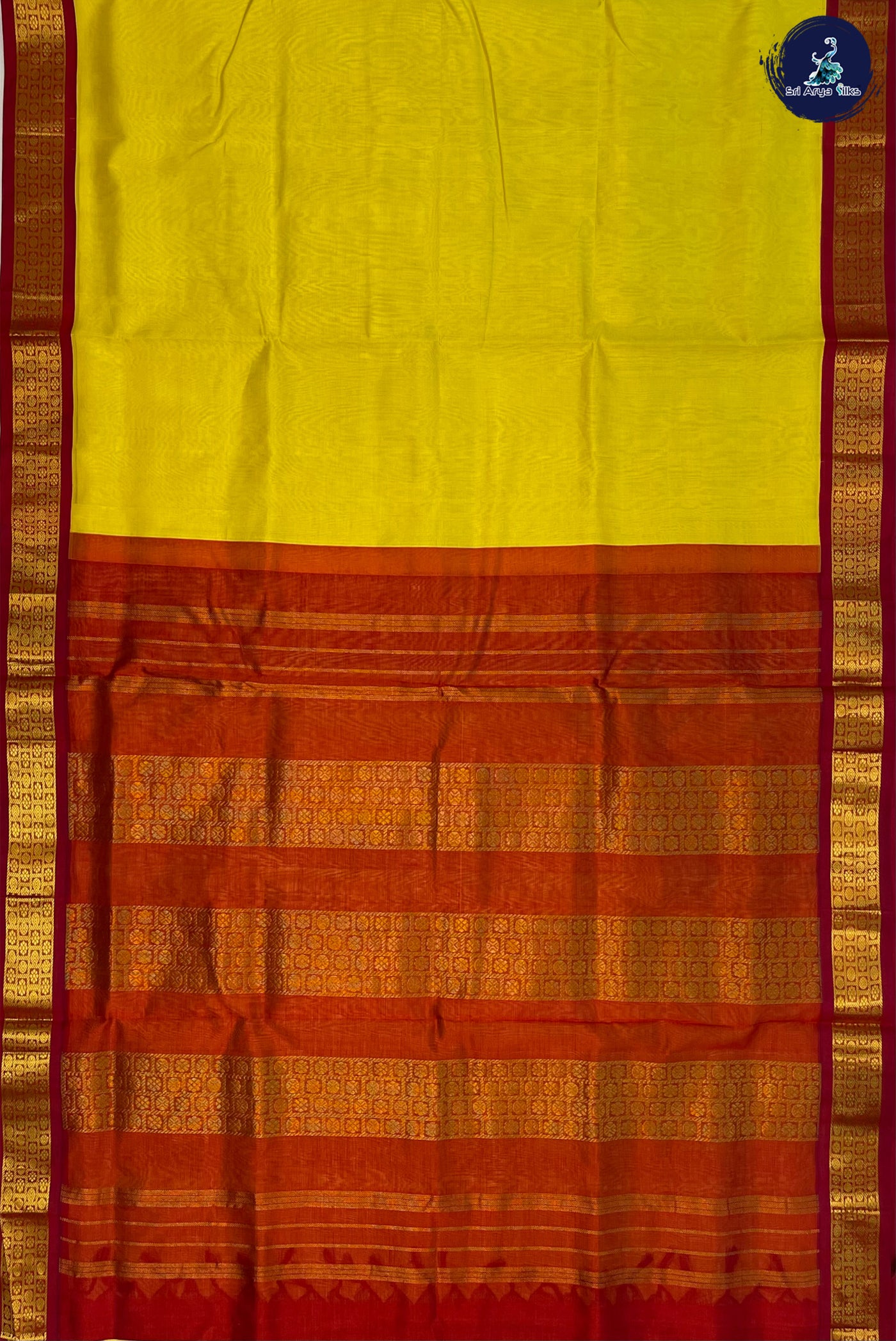 Lemon Yellow Korvai Silk Cotton Saree With Plain Pattern