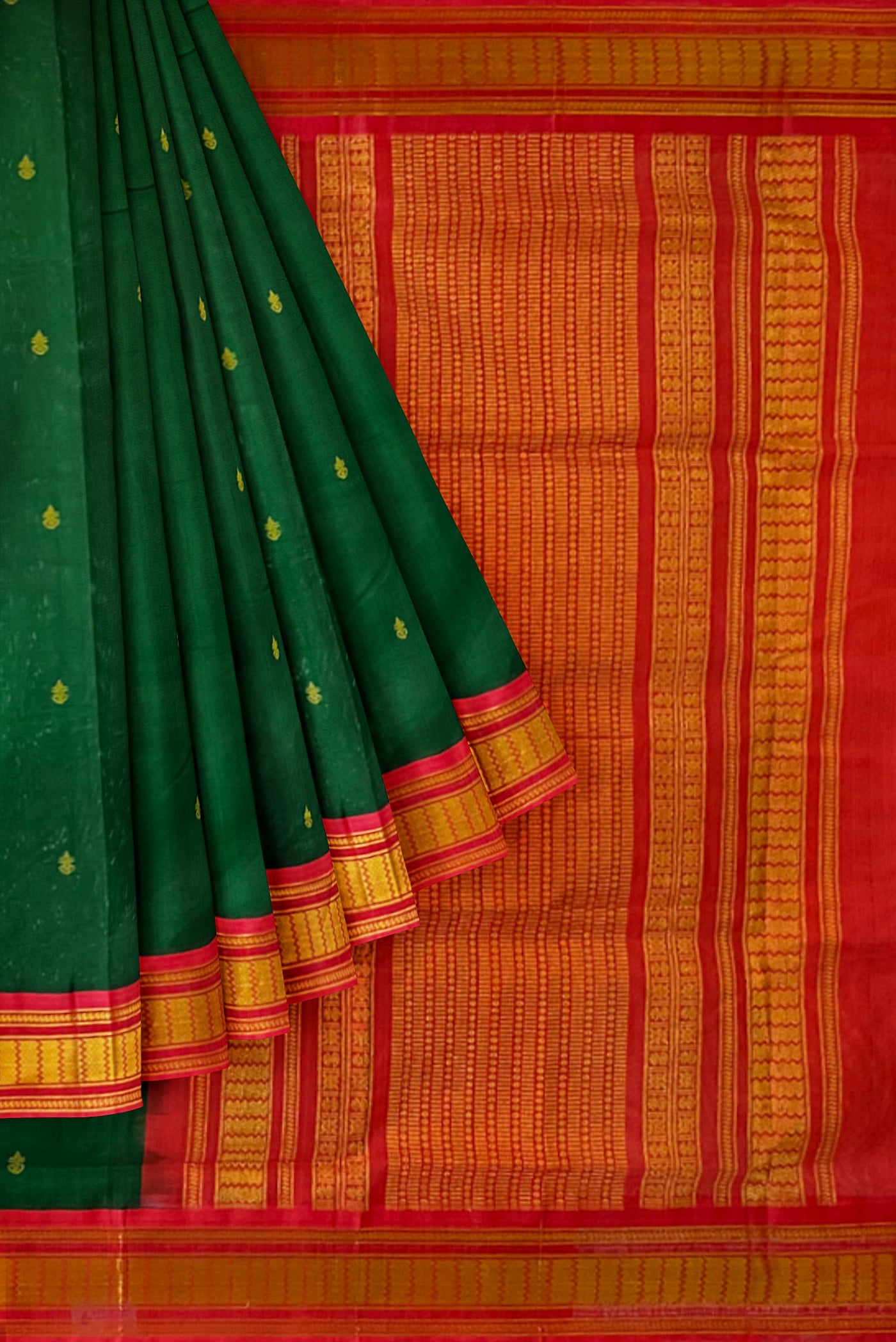 Bottle Green Korvai Silk Cotton Saree With Zari Buttas Pattern