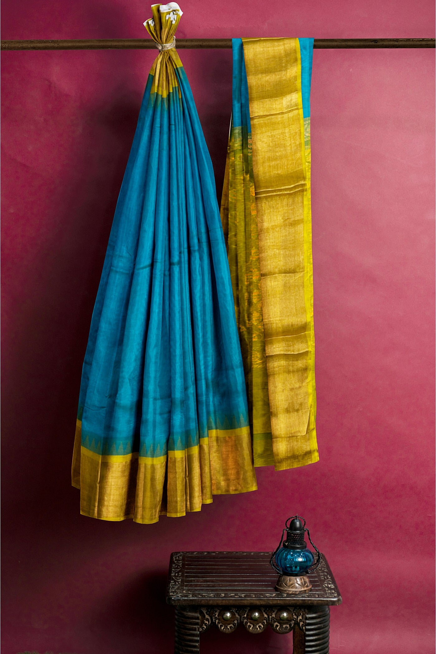 Turquoise Korvai Silk Cotton Saree With Plain Pattern
