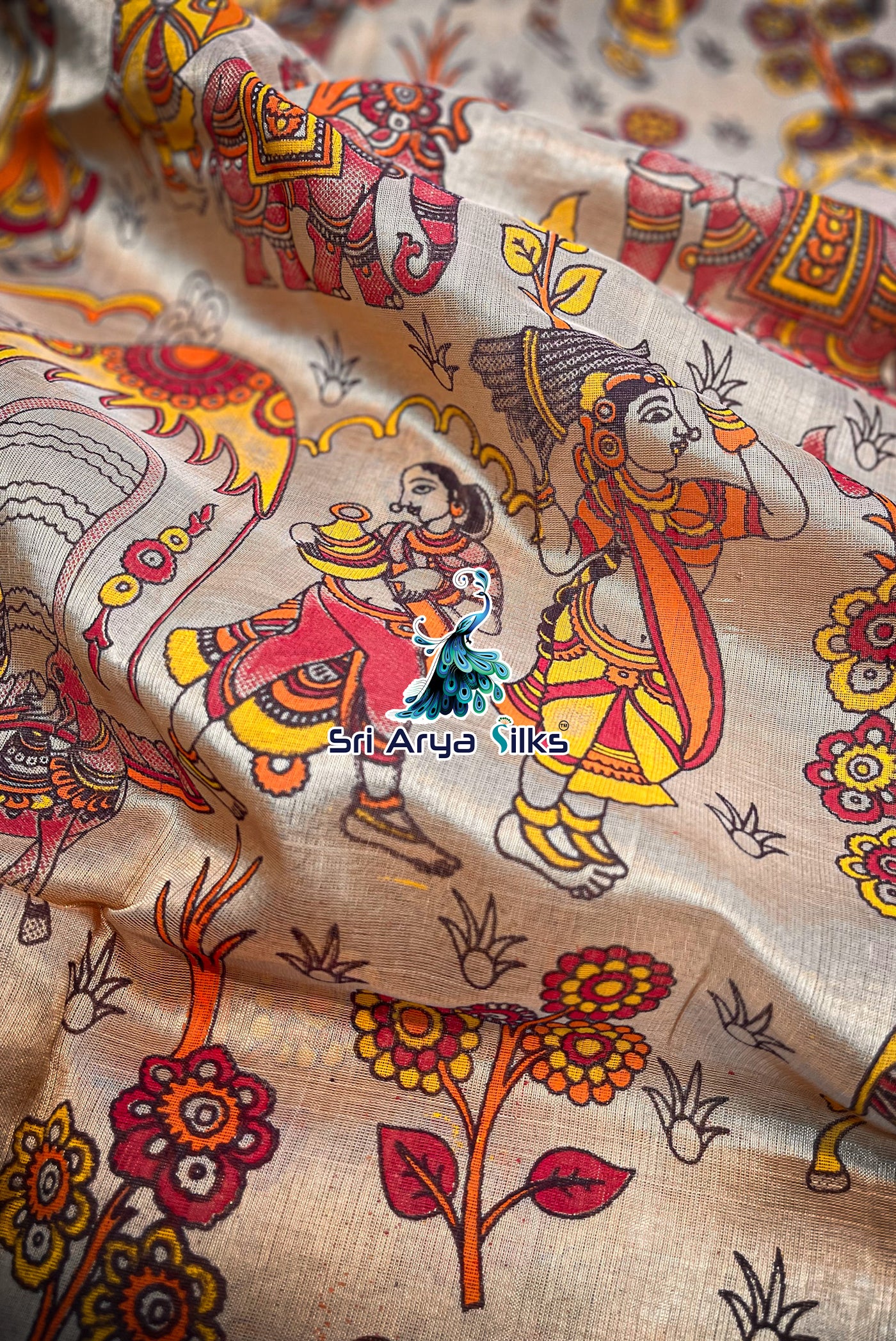 Fawn Korvai Silk Cotton Saree With Kalamkari Pattern