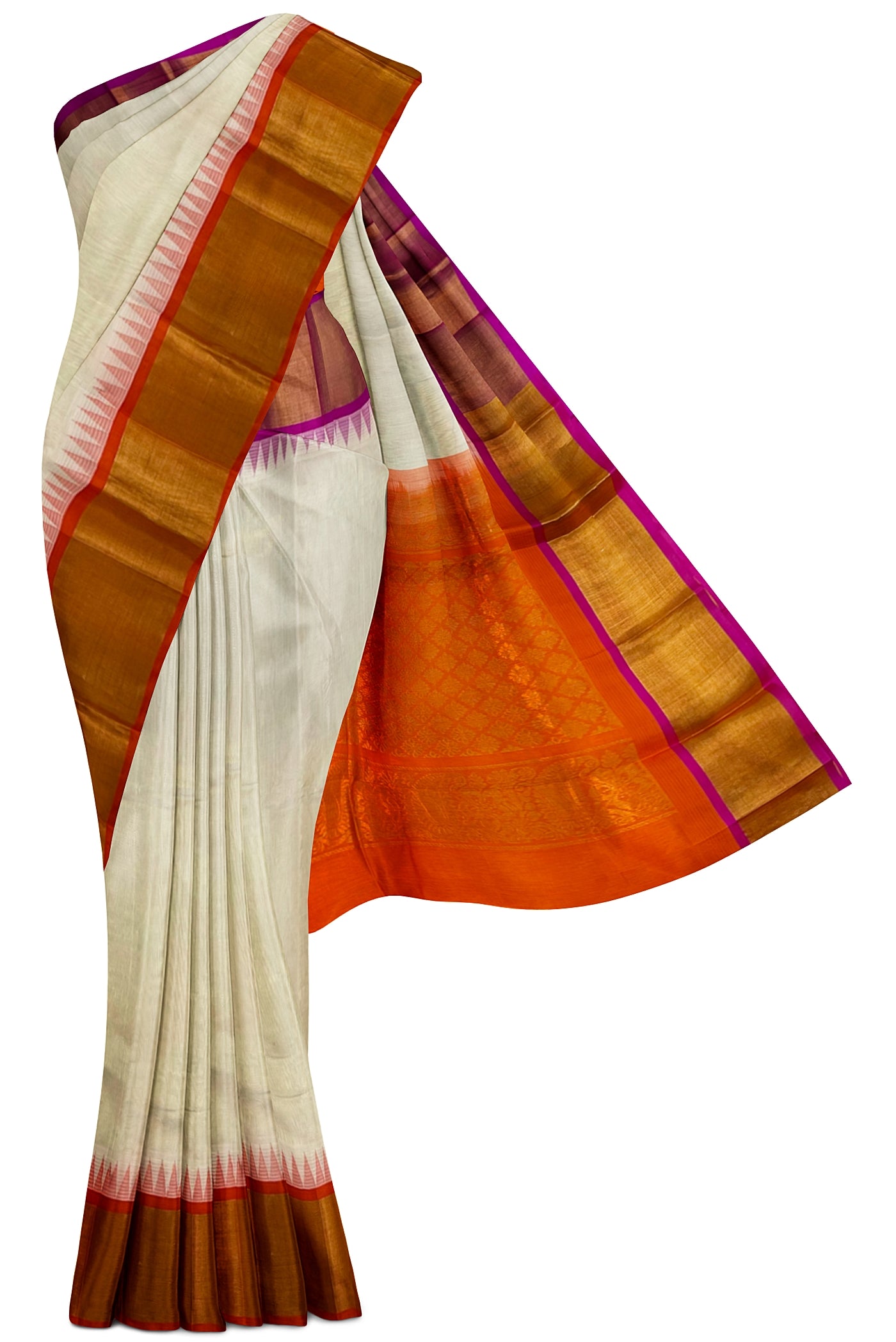 Off White Korvai Silk Cotton Saree With Plain Pattern