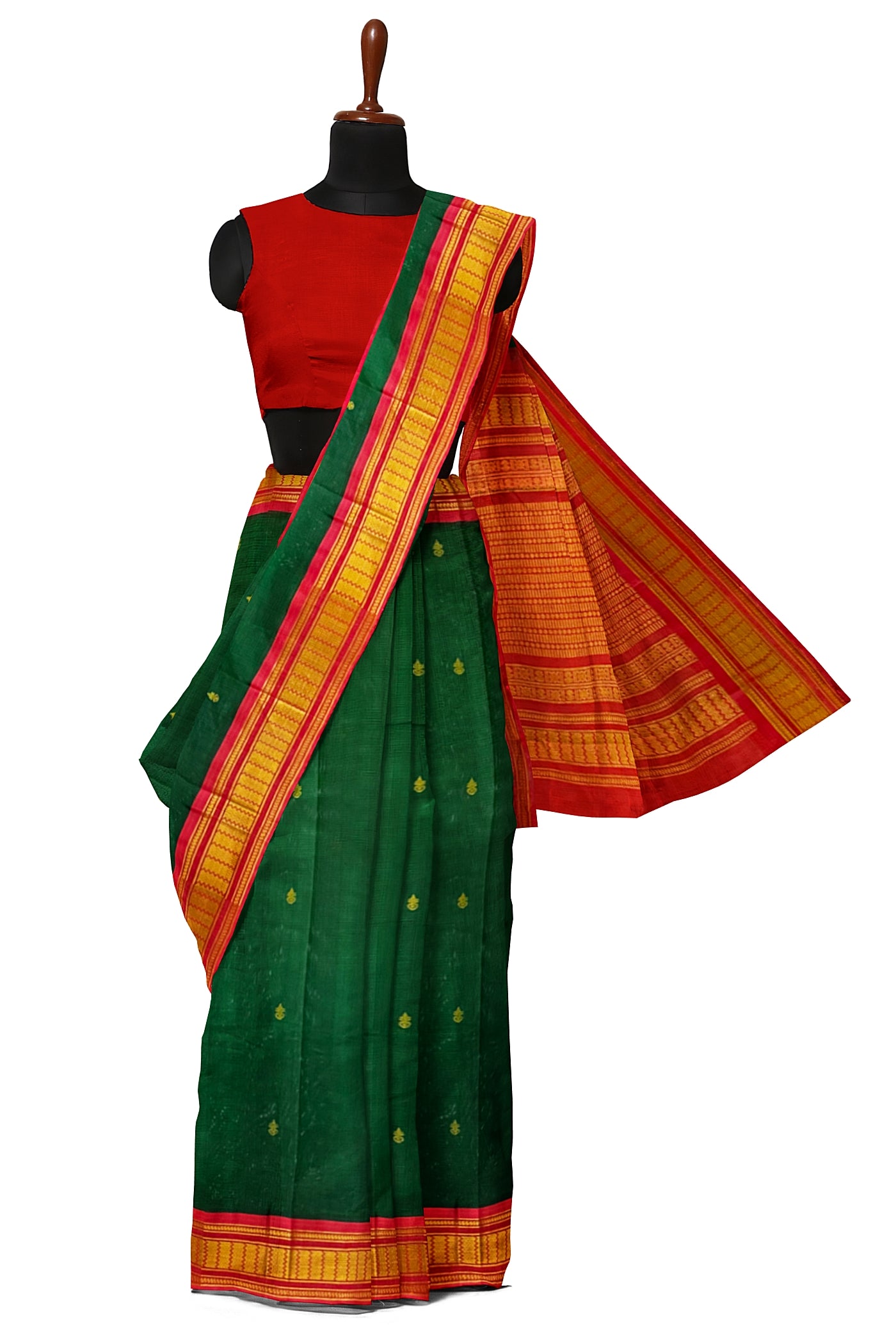 Bottle Green Korvai Silk Cotton Saree With Zari Buttas Pattern