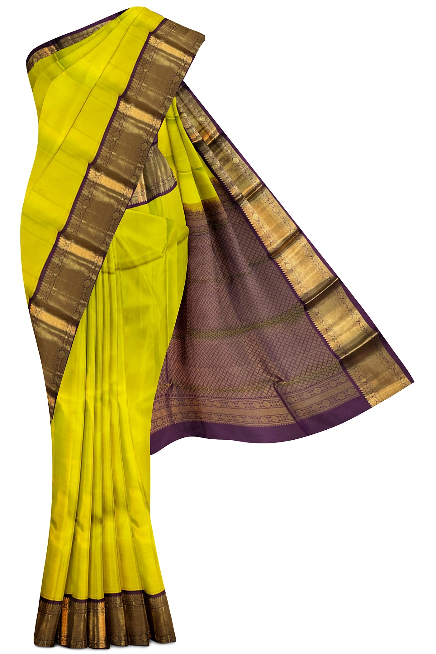 Lime Green Korvai Contrast Silk Saree With Buttas Pattern