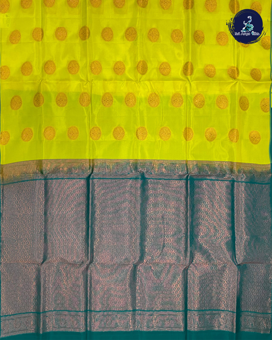 Lime Yellow and Peacock Blue Kanchipuram Half Pure Silk Saree