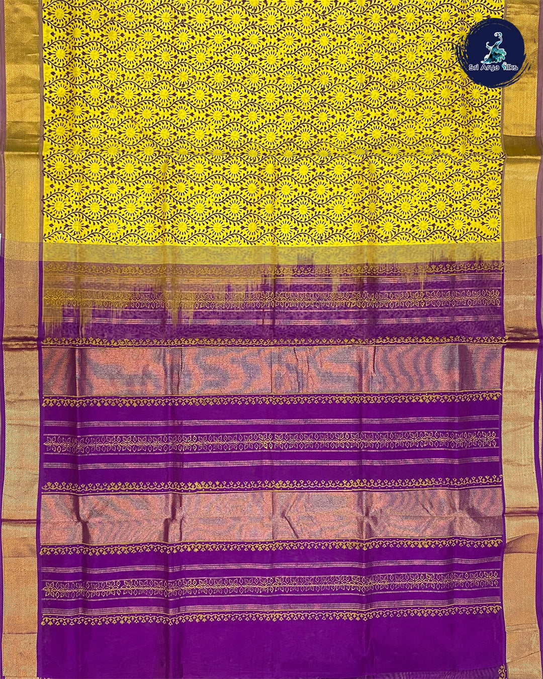 Bright Yellow and Purple Handloom silk cotton saree