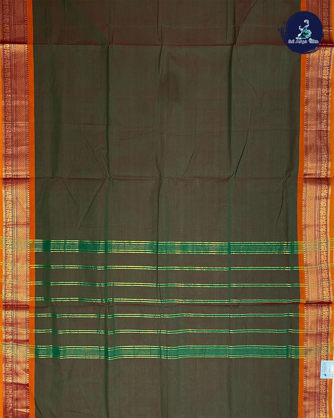 Green and Orange 10 Yards Madisar Cotton Saree