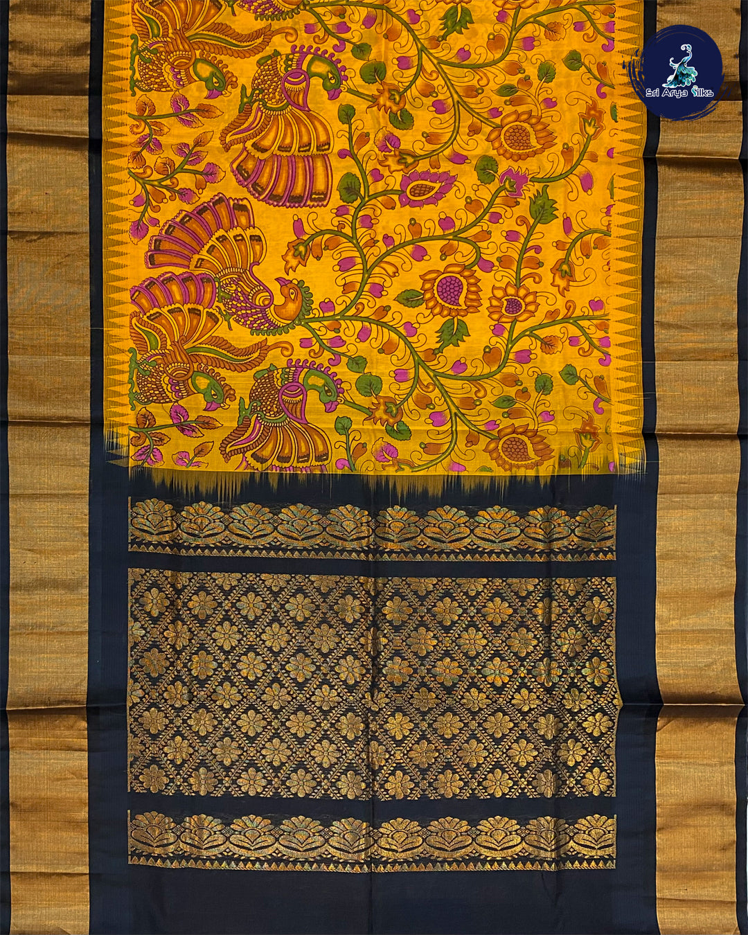 Yellow and Black Handloom silk cotton saree