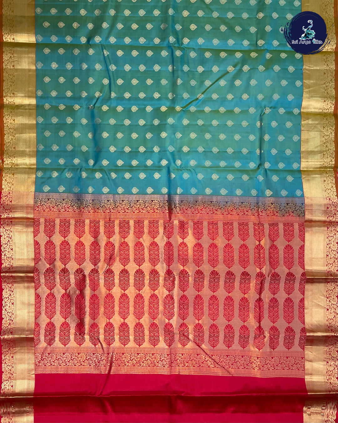 Turquoise Traditional Silk Saree With Red Blouse & Buttas Pattern