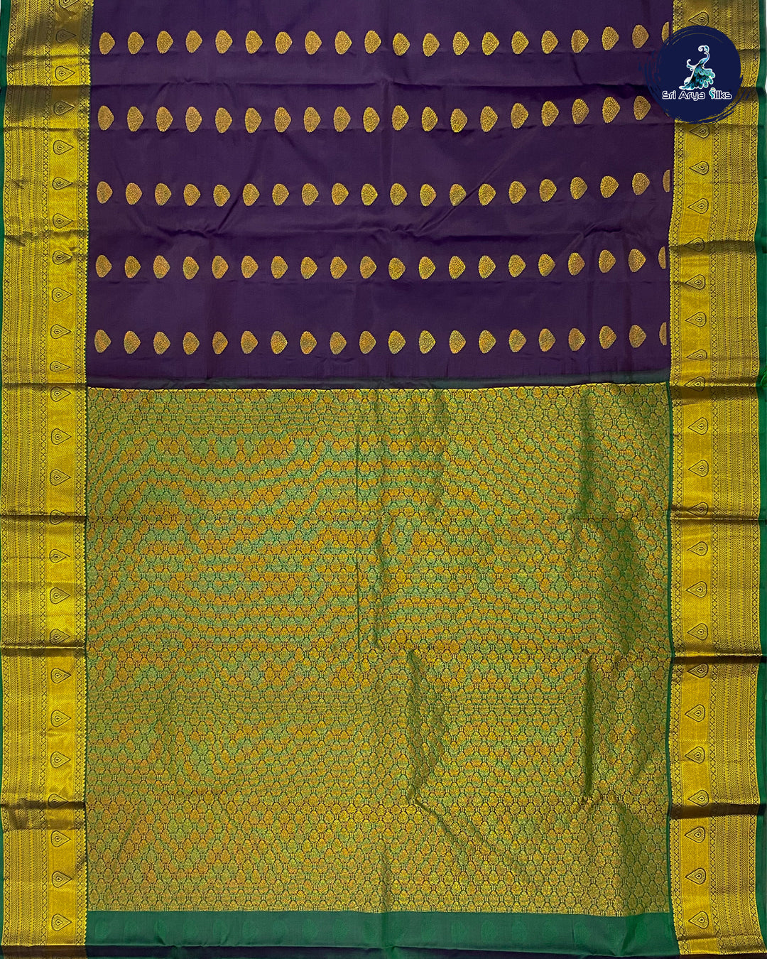 Dark Brinjal Traditional Silk Saree With Green Blouse & Buttas Pattern