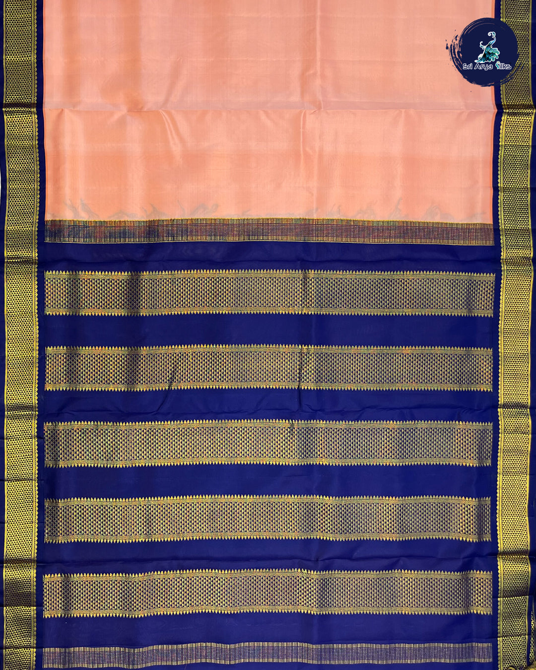 Peach and Navy Blue 10 yard Madisar Pure Silk Saree