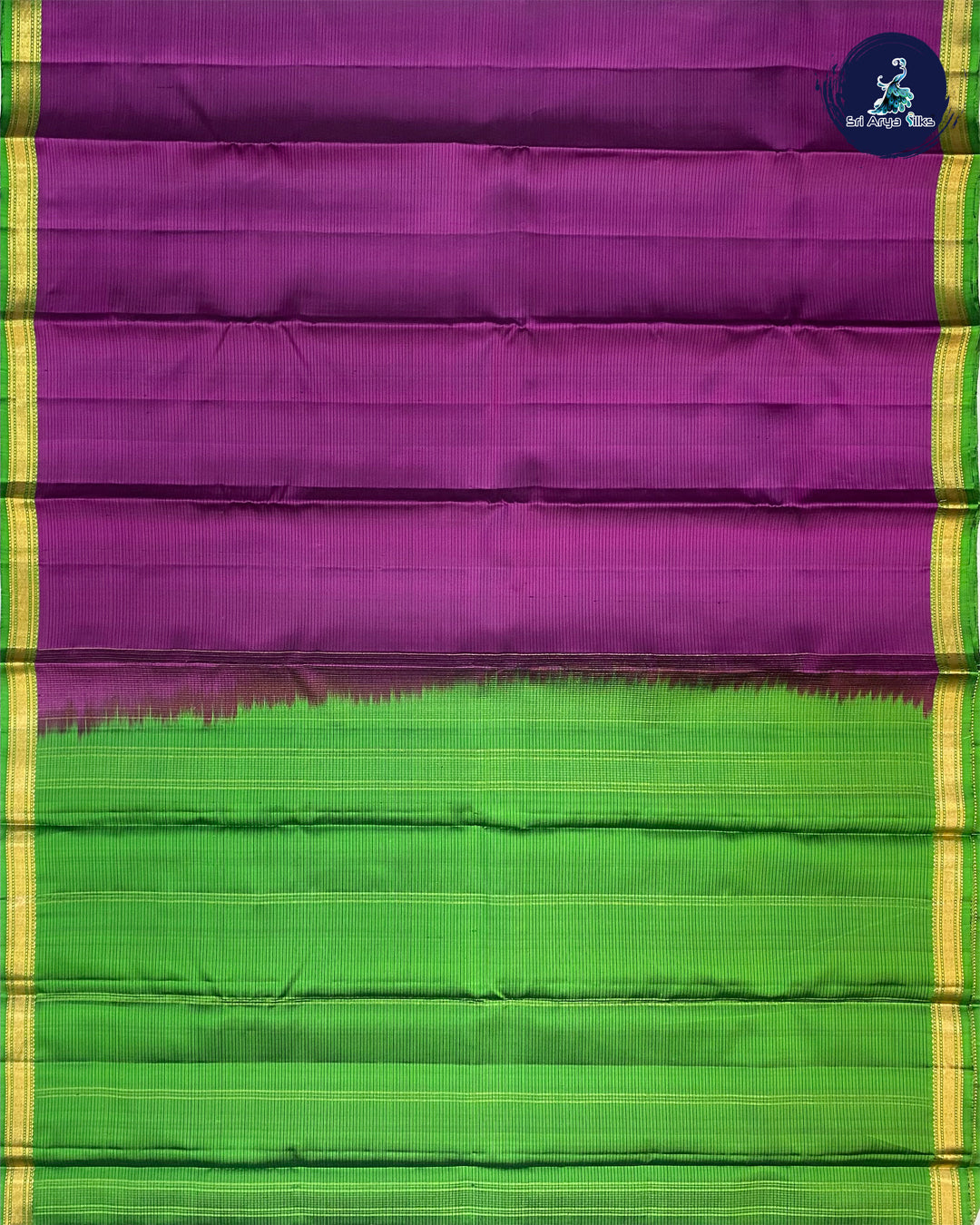 Dark Brinjal Korvai Contrast Silk Saree With Green Blouse & Buttas Pattern
