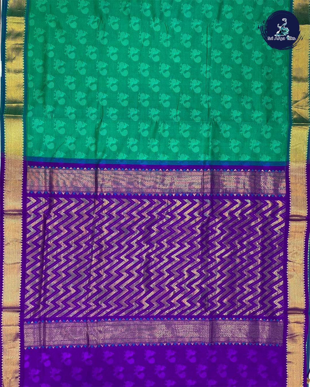 Dark Green & Blue Embosed Madisar Kanchivaram Semi Silk Cotton Saree