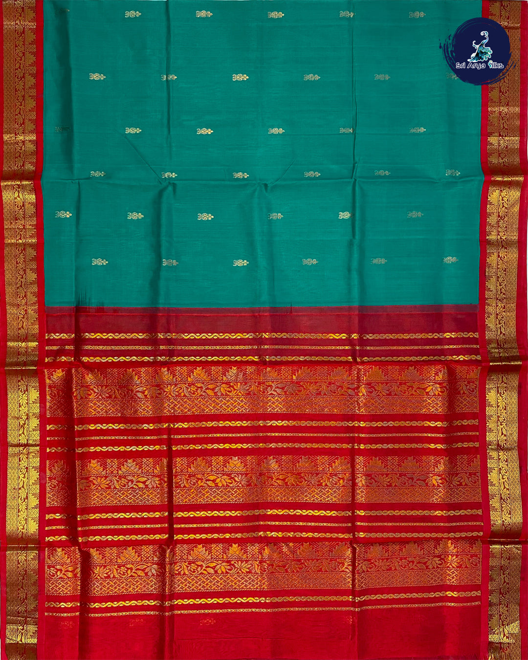 Teal and Red Handloom Korvai Silk Cotton saree