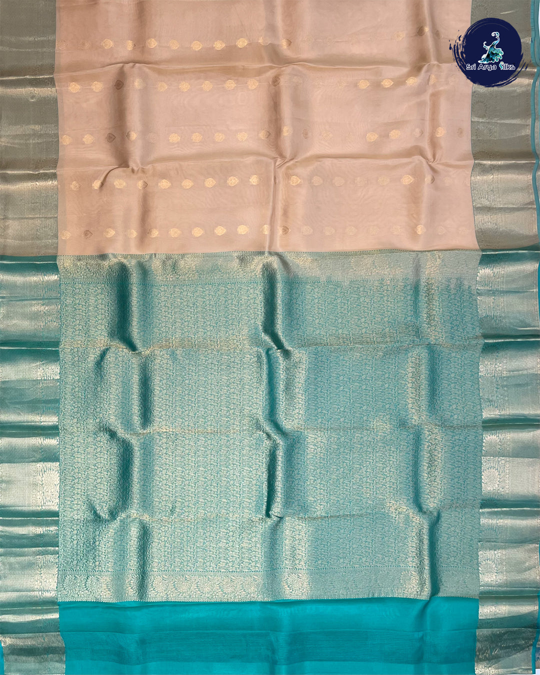 Beige and Teal Blue Kanchipuram Half Pure Silk Saree