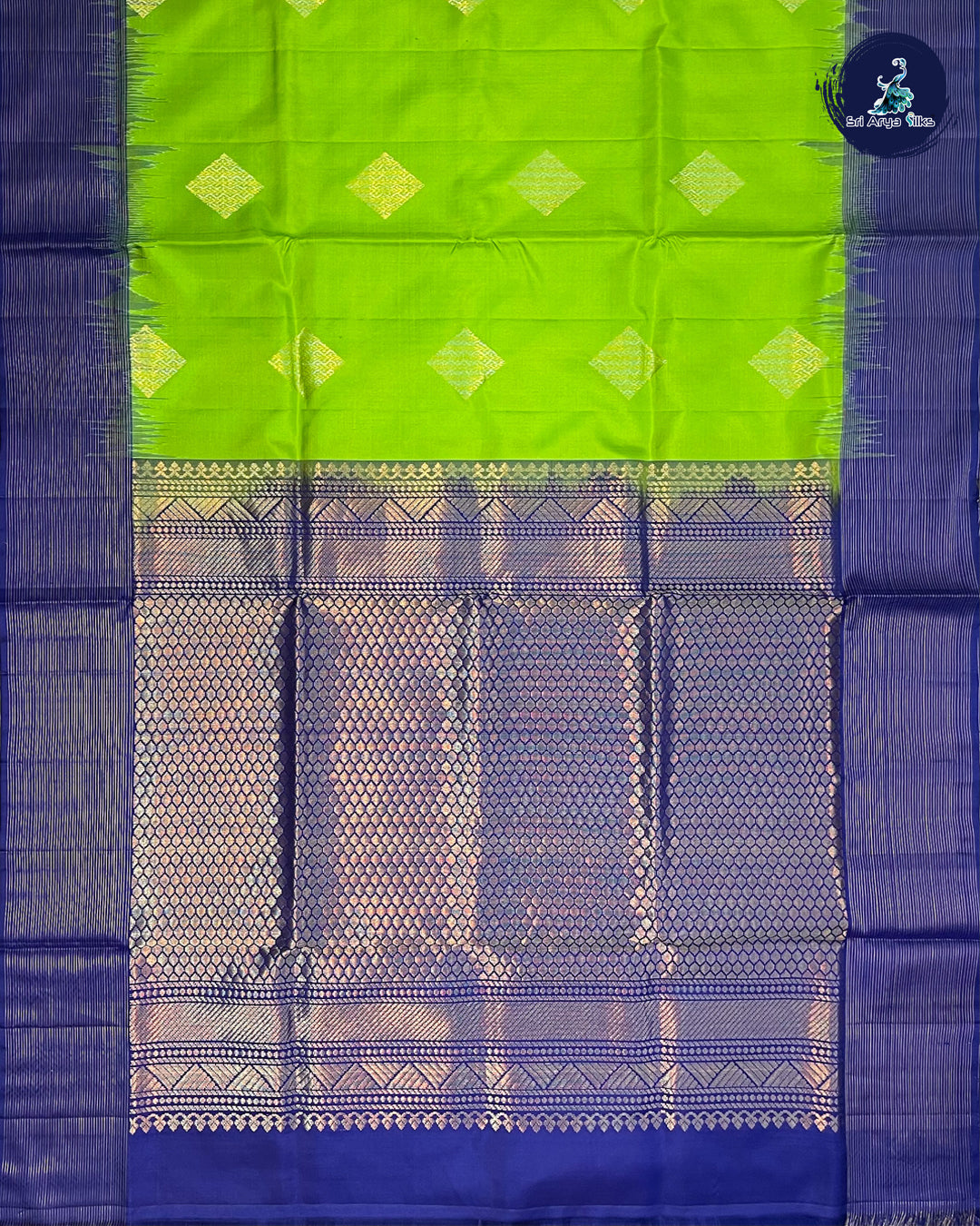 Parrot Green and Blue Handloom Pure Soft Silk Saree