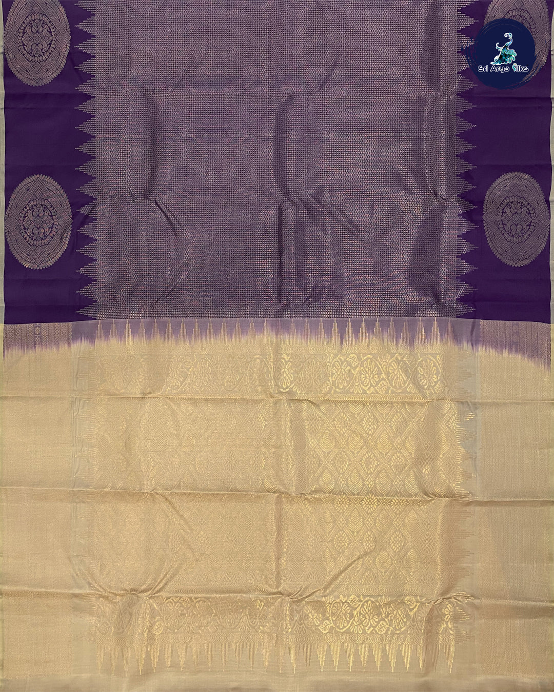 Navy Blue Brocade Silk Saree With Cream Blouse & Buttas Pattern