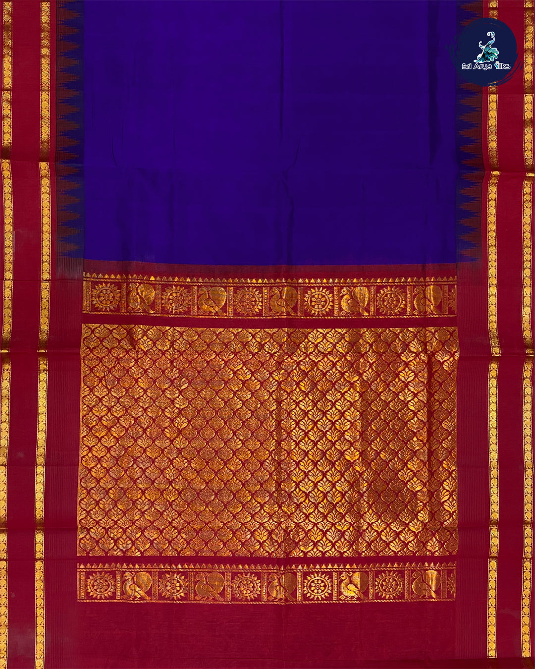 Navy Blue Korvai Silk Cotton Saree With Maroon Blouse & Plain Pattern