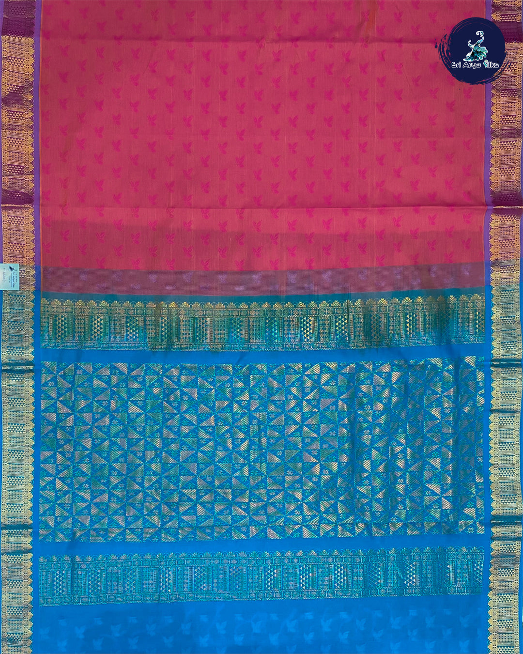 Pink and Blue Embosed Madisar Kanchivaram Semi Silk Cotton Saree