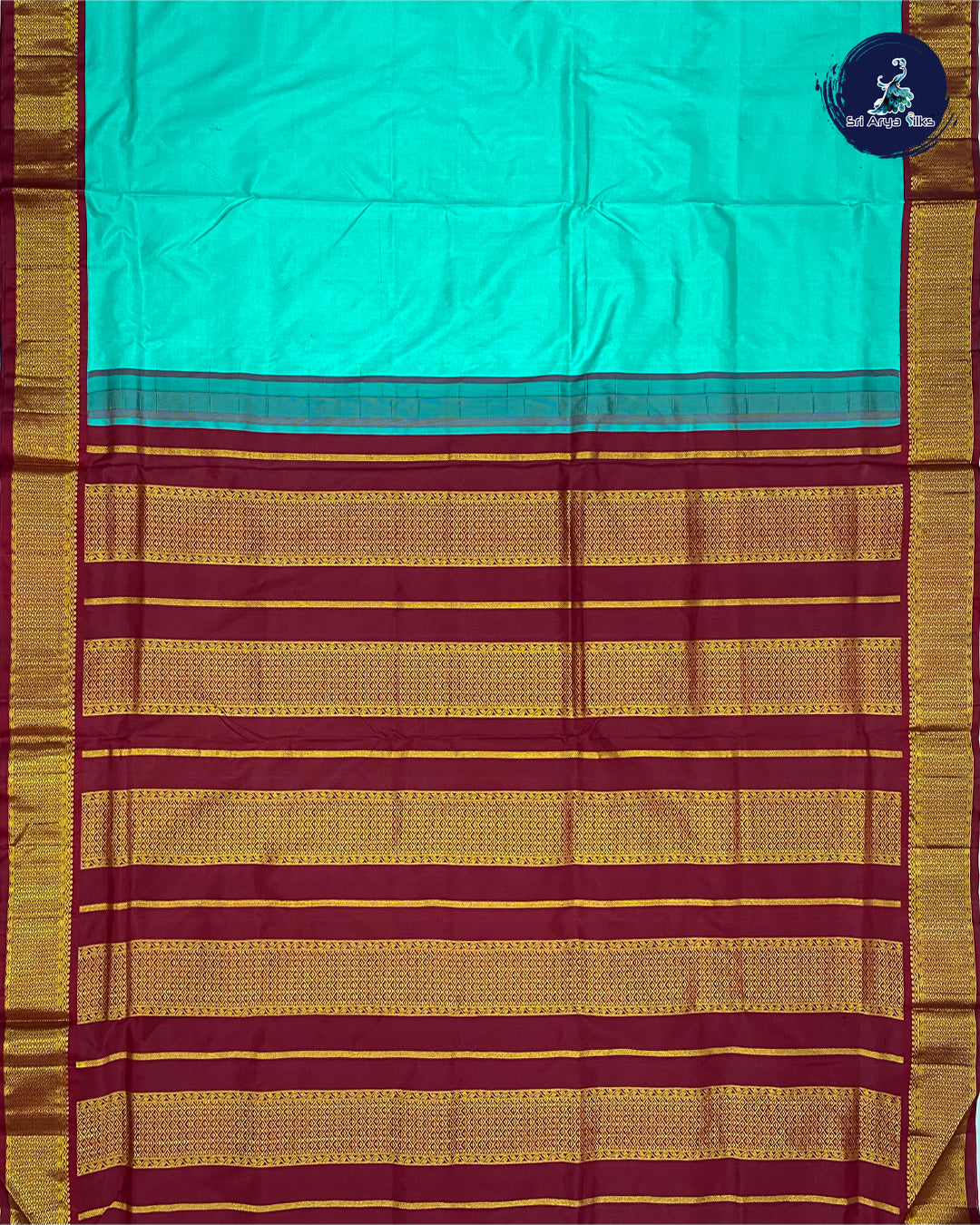 Sea Blue and Maroon Kanjivaram Pure Silk Madisar(10 Yards) Saree