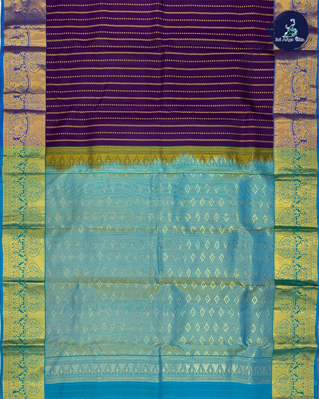 Purple Traditional Silk Saree With Copper Sulphate Blue Blouse & Buttas Pattern