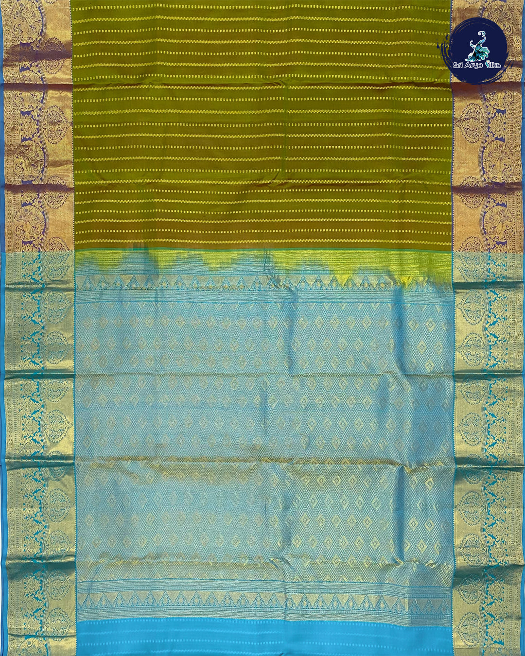 Mehendi Green Traditional Silk Saree With Copper Sulphate Blue Blouse & Buttas Pattern