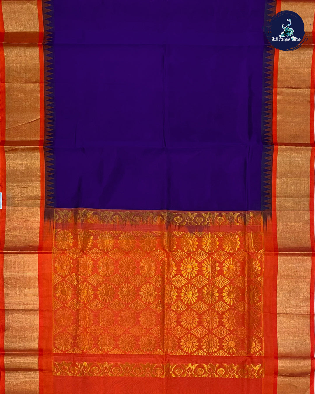 Navy Blue & Orange Kanchipuram Korvai Silk Cotton Saree