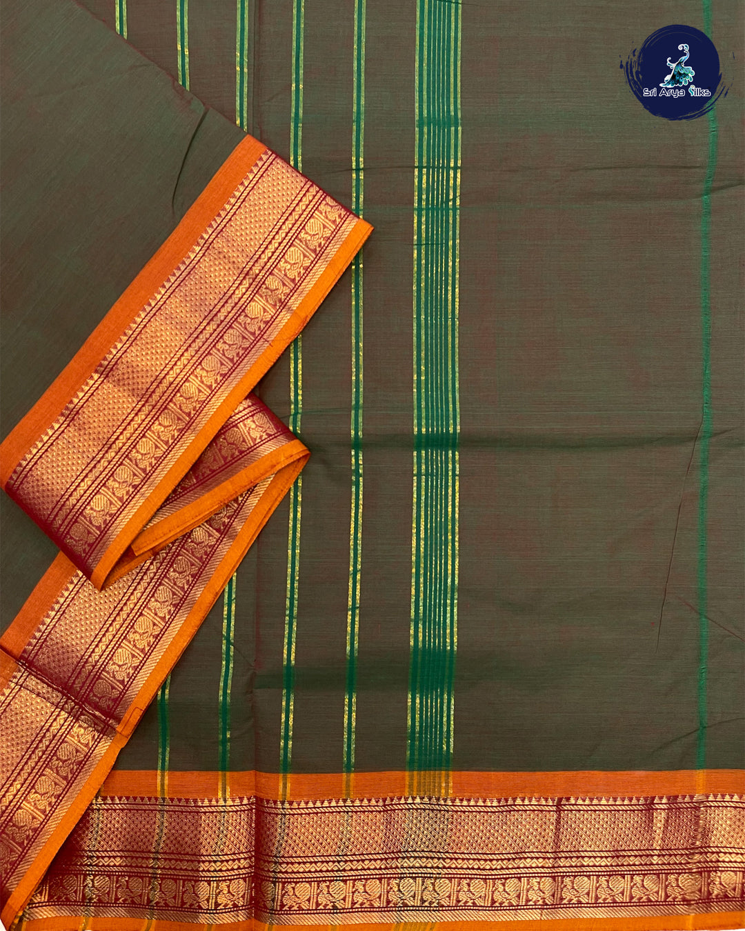 Green and Orange 10 Yards Madisar Cotton Saree