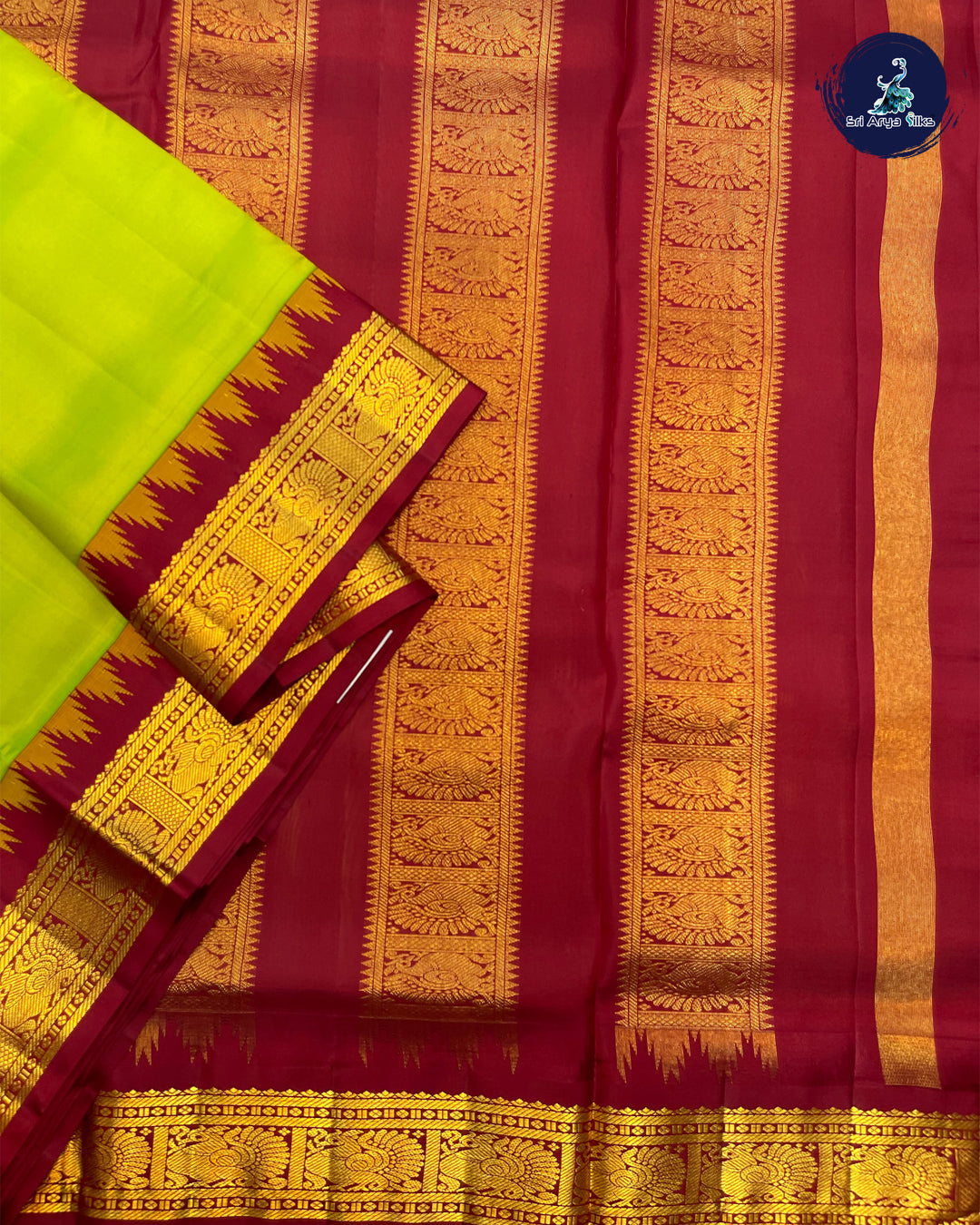 Florescent Green and Maroon 10 yard Madisar Pure Silk Saree