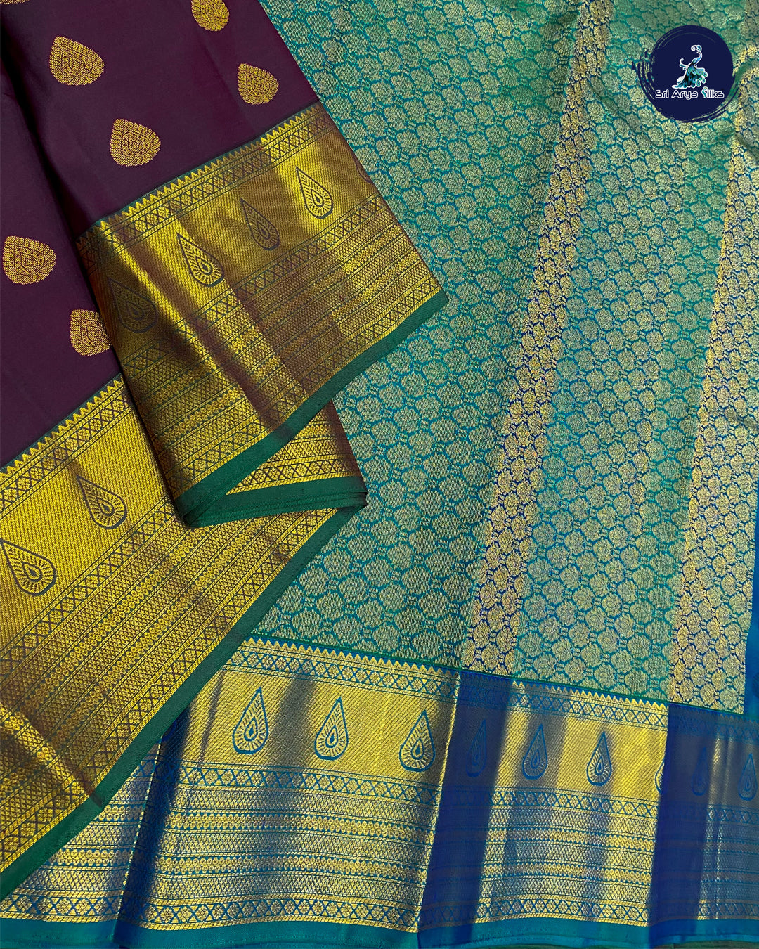 Wine and Teal Blue Kanchipuram silk saree