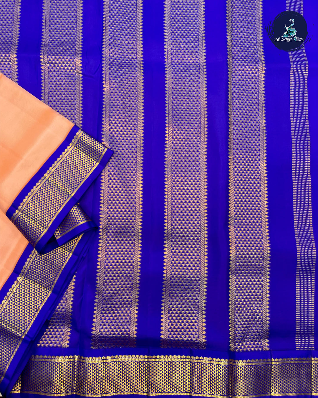 Peach and Blue, Green Ganga Jamuna 10 yard Madisar Pure Silk Saree