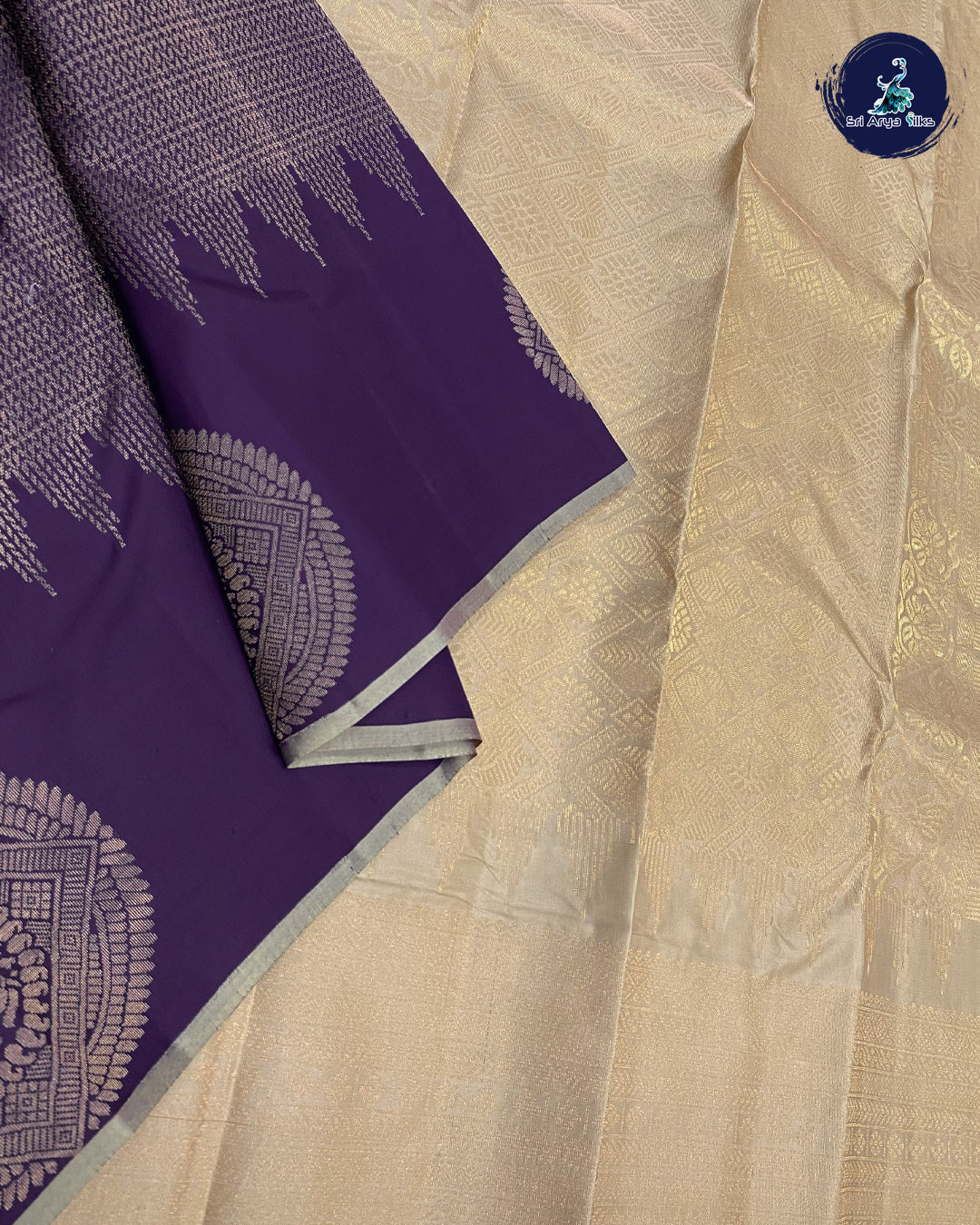 Navy Blue Brocade Silk Saree With Cream Blouse & Buttas Pattern
