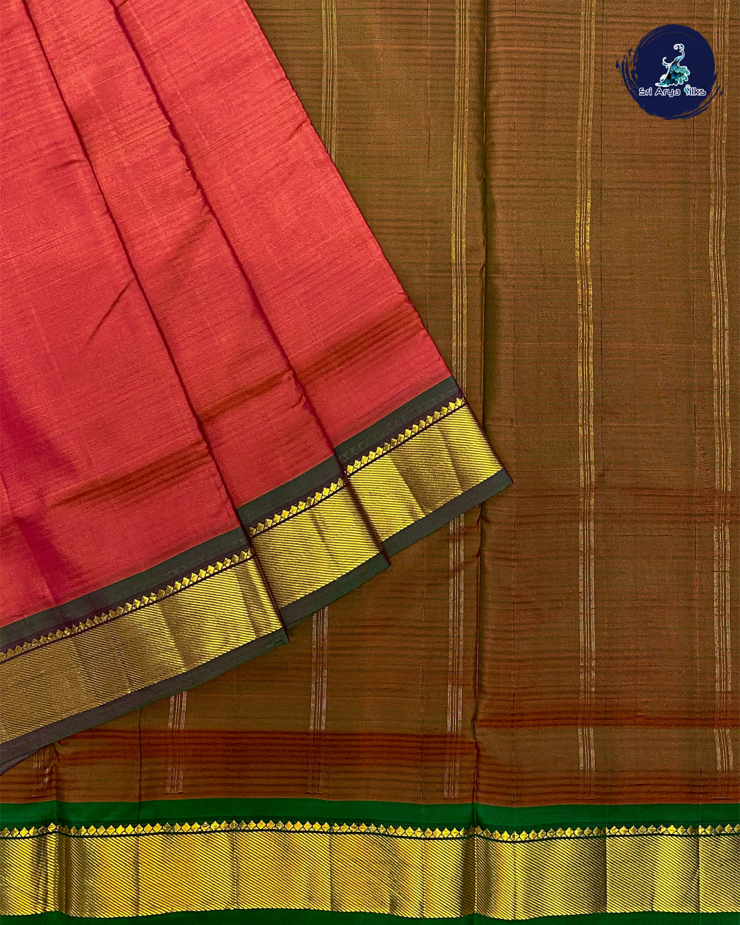 Orangish Pink & Green Pure Kanjivaram 10yards Silk Madisar Saree