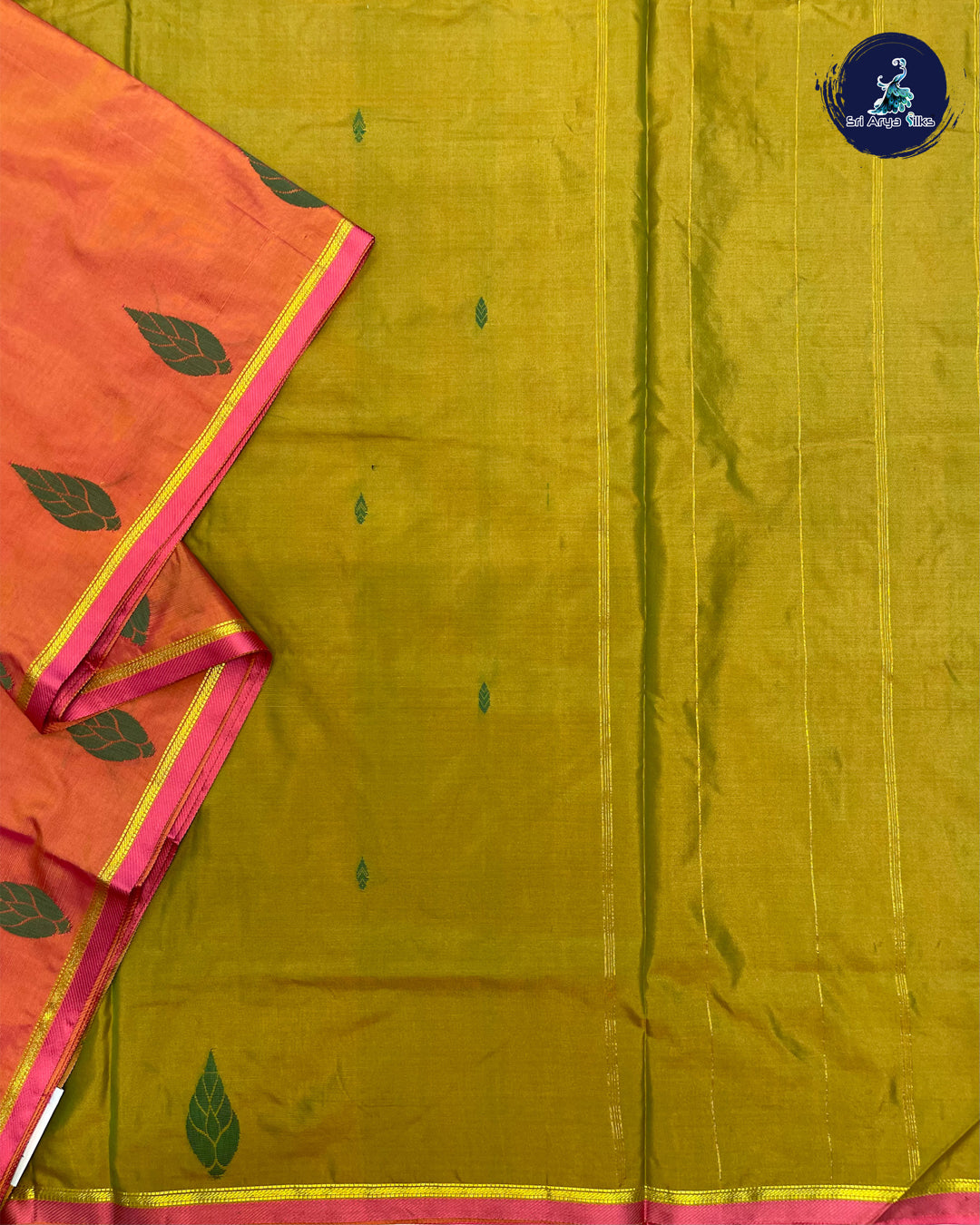 Light Orange and Green Dual Shade 10 Yards Half Pure Kanchipuram Silk Saree