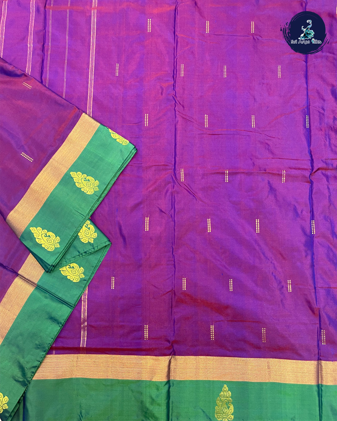 Purple and Green Dual Shade 10 Yards Half Pure Kanchipuram Silk Saree