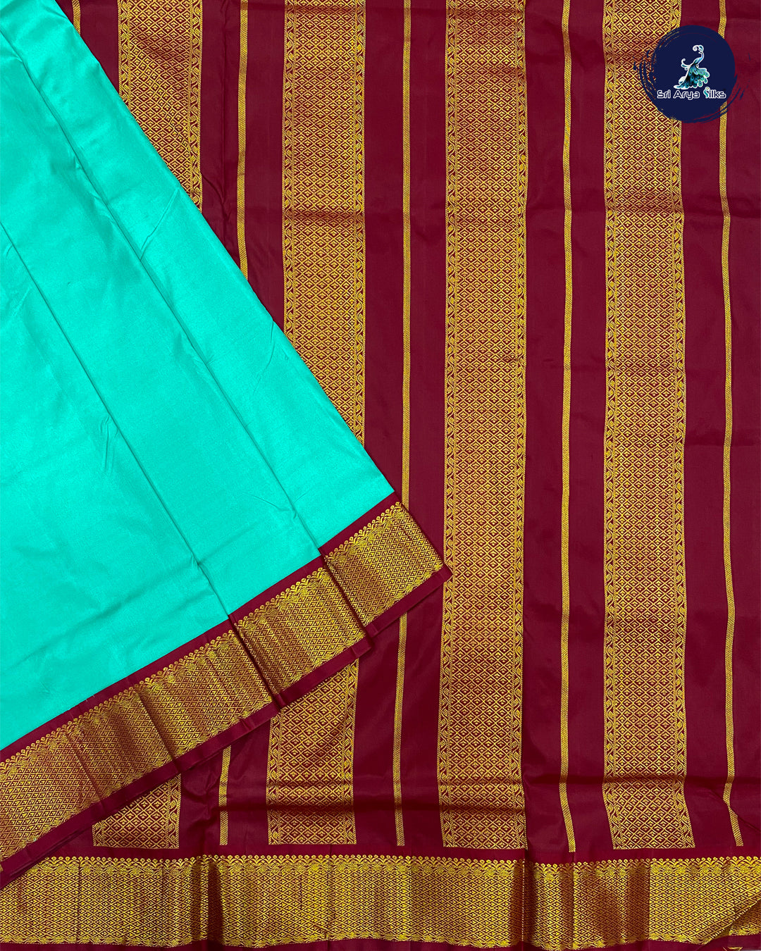 Sea Blue and Maroon Kanjivaram Pure Silk Madisar(10 Yards) Saree