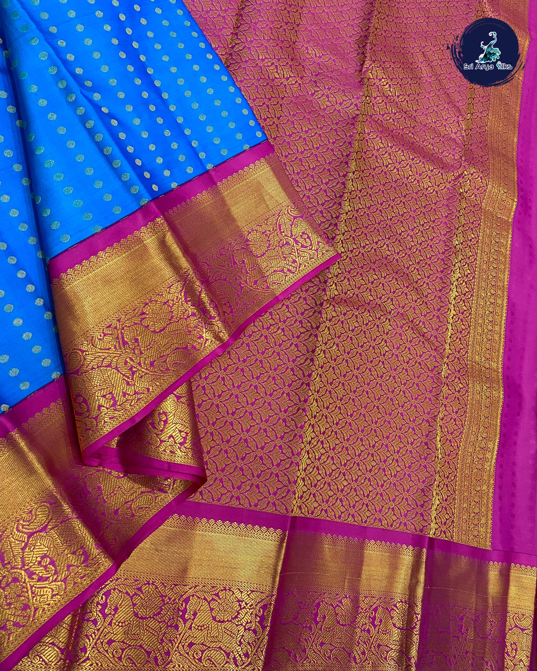 Blue Korvai Contrast Silk Saree With Pink Blouse & Buttas Pattern