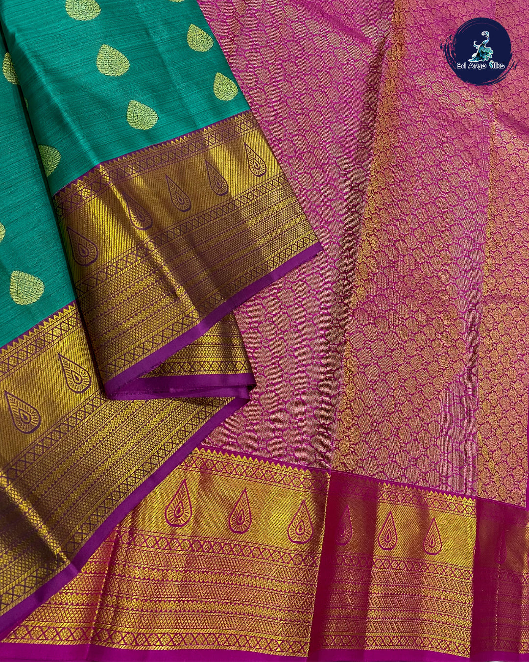 Turquoise Traditional Silk Saree With Pink Blouse & Buttas Pattern
