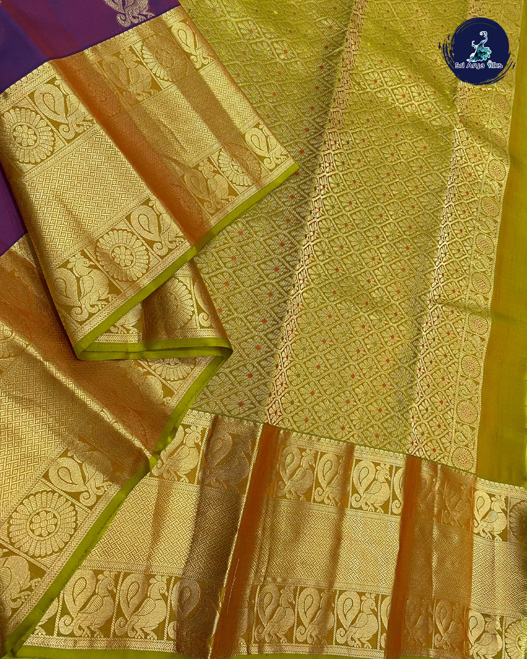 Purple Traditional Silk Saree With Light Green Blouse & Buttas Pattern