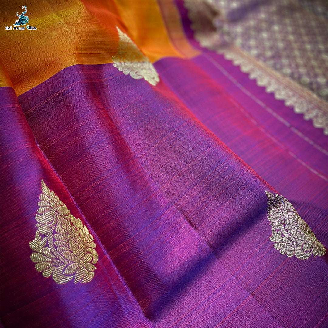 Mango Yellow and Purple Half and Half Pure Kanchipuram Silk Saree